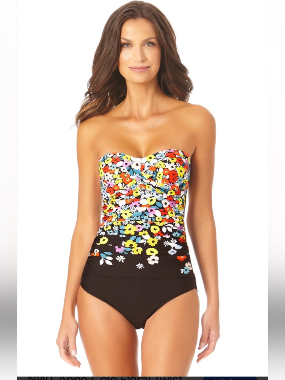 Ann Cole shirred floral one piece w/optional strap. Size 12. Great shape!